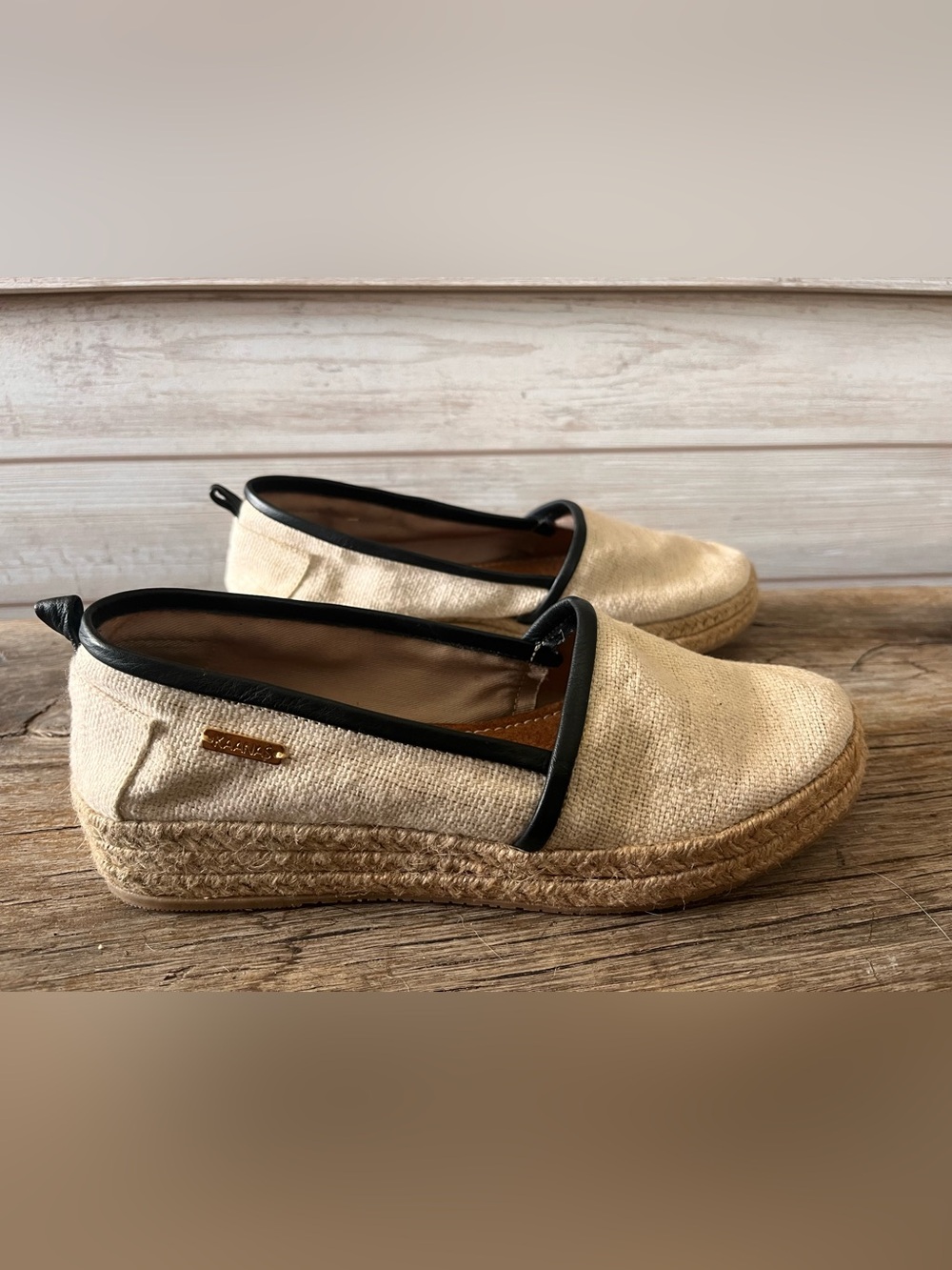 Kaanas Natural Canvas Espadrille Flats with Black Trim